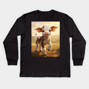 Sunrise Frolic: Cheerful Farm Calf Kids Long Sleeve T-Shirt